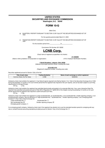 Thumbnail LCNB Corp.
 10-Q Quarterly Report FY 