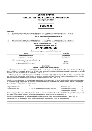 Thumbnail NeoGenomics
 10-Q Quarterly Report FY2018 