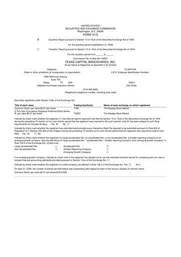Thumbnail Texas Capital Bancshares 10-Q Quarterly Report FY 