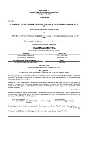Thumbnail Global Medical REIT
 10-Q Quarterly Report FY2014 