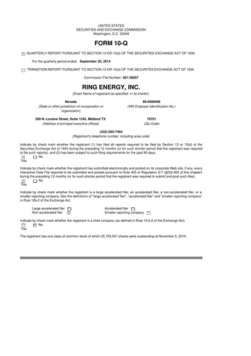 Miniature Ring Energy
 10-Q Rapport trimestriel 2014 