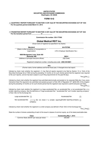 Thumbnail Global Medical REIT
 10-Q Quarterly Report FY2015 
