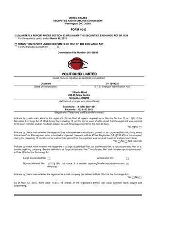 Thumbnail VolitionRx 10-Q Quarterly Report FY2015 