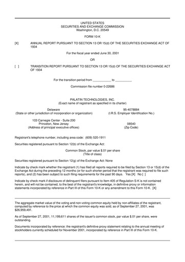 Miniature Palatin Technologies 10-K Rapport annuel 2001
