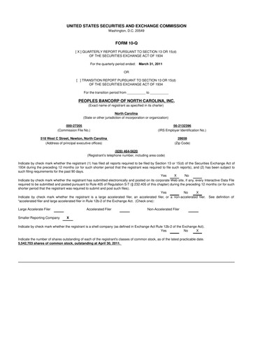 Thumbnail Peoples Bancorp of North Carolina 10-Q Quarterly Report FY 