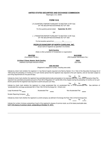 Thumbnail Peoples Bancorp of North Carolina 10-Q Quarterly Report FY2014 