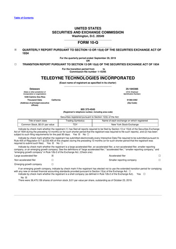 Thumbnail Teledyne Technologies 10-Q Quarterly Report FY2019 
