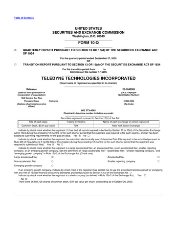 Thumbnail Teledyne Technologies 10-Q Quarterly Report FY2020 