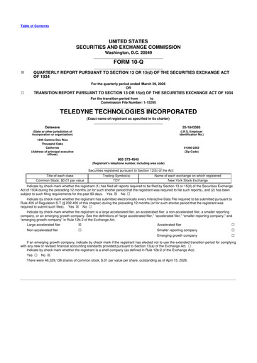 Thumbnail Teledyne Technologies 10-Q Quarterly Report FY 