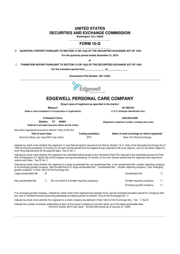 Thumbnail Edgewell Personal Care
 10-Q Quarterly Report FY2020 