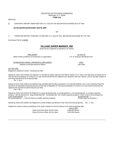 Thumbnail Village Super Market 10-Q Quarterly Report FY 