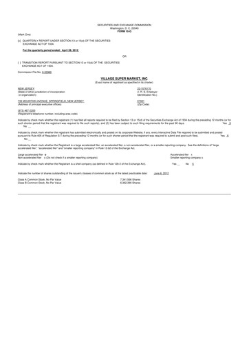 Thumbnail Village Super Market 10-Q Quarterly Report FY2012 
