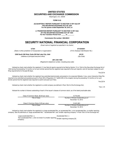 Miniature Security National Financial Corporation 10-Q Rapport trimestriel 2012 