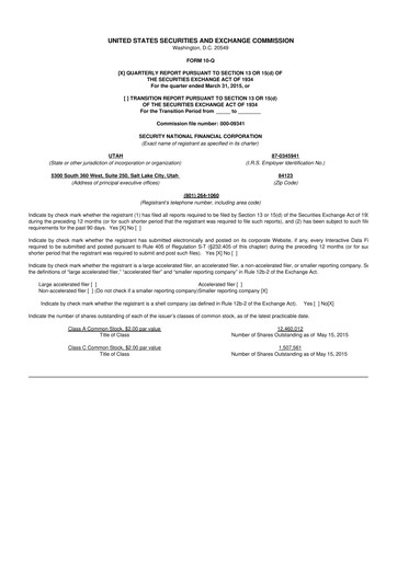 Miniature Security National Financial Corporation 10-Q Rapport trimestriel 2015 