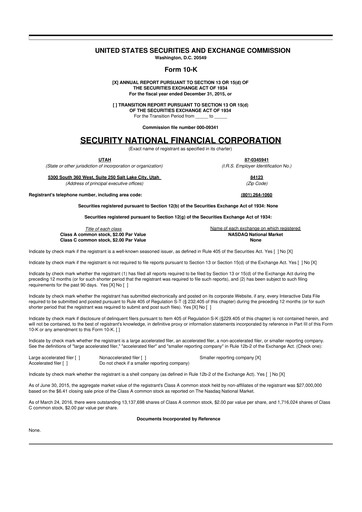 Miniature Security National Financial Corporation 10-K Rapport annuel 2015