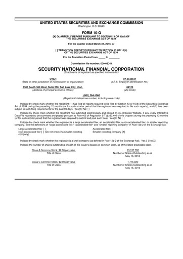 Miniature Security National Financial Corporation 10-Q Rapport trimestriel 2016 