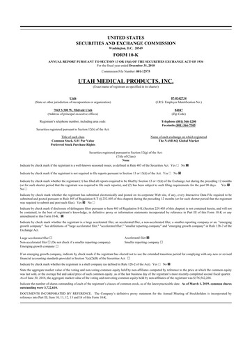 Thumbnail Utah Medical Products 10-K Annual Report 2018