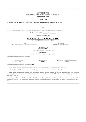 Thumbnail Utah Medical Products 10-K Annual Report 2019