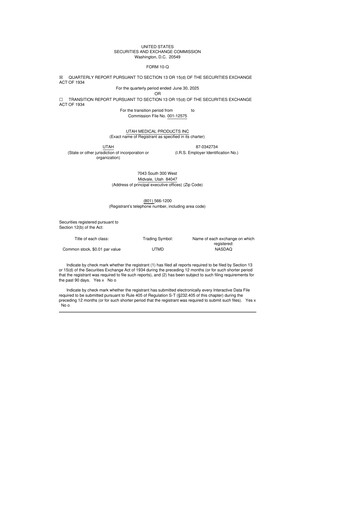 Thumbnail Utah Medical Products 10-Q Quarterly Report FY2025 