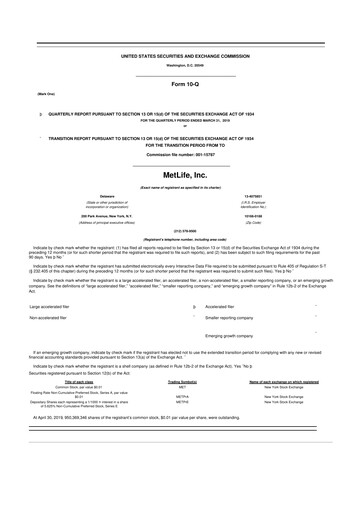 Thumbnail MetLife 10-Q Quarterly Report FY2019 