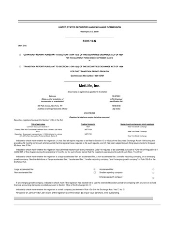 Thumbnail MetLife 10-Q Quarterly Report FY2019 