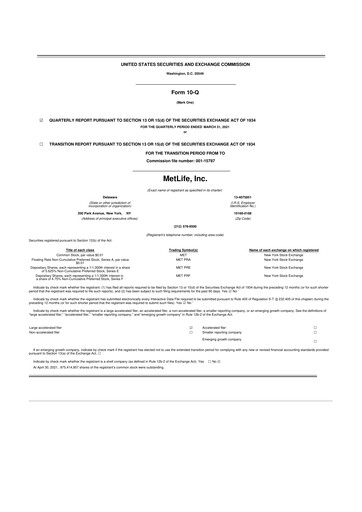 Thumbnail MetLife 10-Q Quarterly Report FY2021 