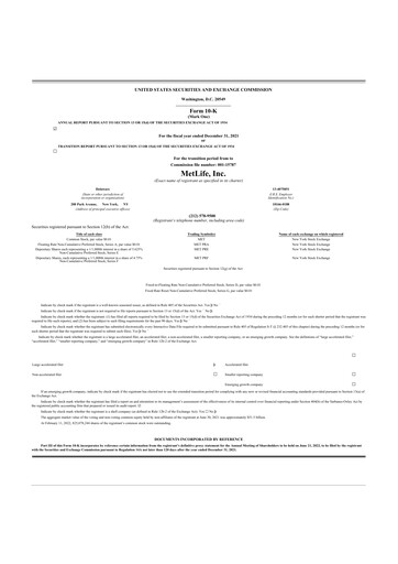 Thumbnail MetLife 10-K Annual Report 2021