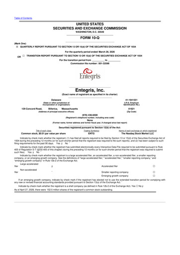 Thumbnail Entegris 10-Q Quarterly Report FY 
