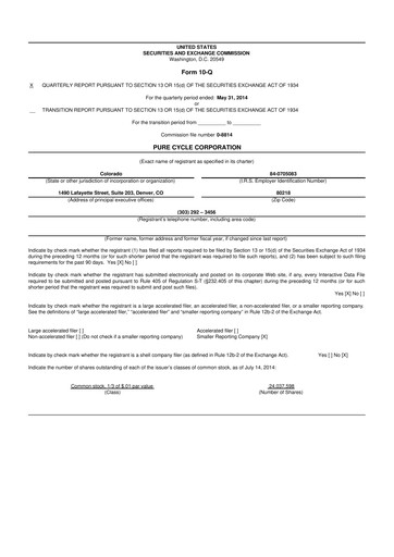Thumbnail Pure Cycle (water) 10-Q Quarterly Report FY2014 