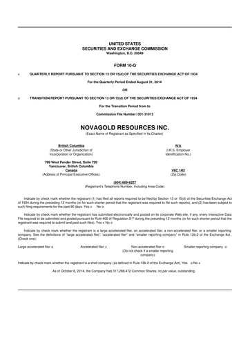 Thumbnail NovaGold Resources
 10-Q Quarterly Report FY2014 