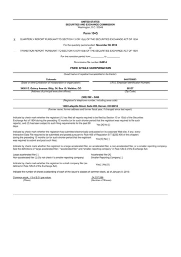 Thumbnail Pure Cycle (water) 10-Q Quarterly Report FY2015 