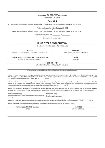 Thumbnail Pure Cycle (water) 10-Q Quarterly Report FY2015 
