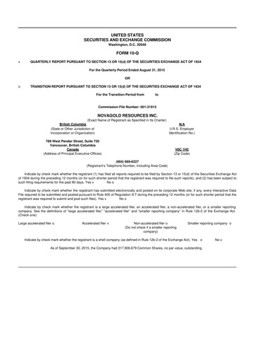 Thumbnail NovaGold Resources
 10-Q Quarterly Report FY2015 