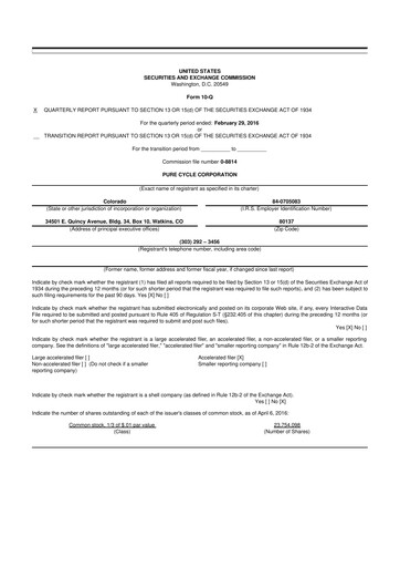 Thumbnail Pure Cycle (water) 10-Q Quarterly Report FY2016 