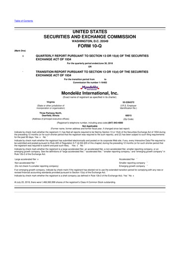 Thumbnail Mondelez International 10-Q Quarterly Report FY2018 
