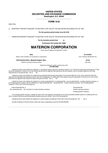 Miniature Materion
 10-Q Rapport trimestriel 2018 