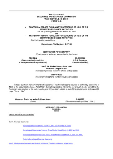 Miniature Northwest Pipe Company
 10-Q Rapport trimestriel  