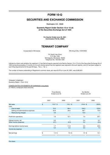 Thumbnail Tennant Company
 10-Q Quarterly Report FY 