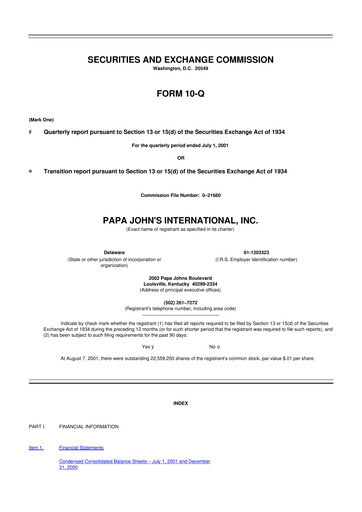 Miniature Papa John's Pizza
 10-Q Rapport trimestriel  