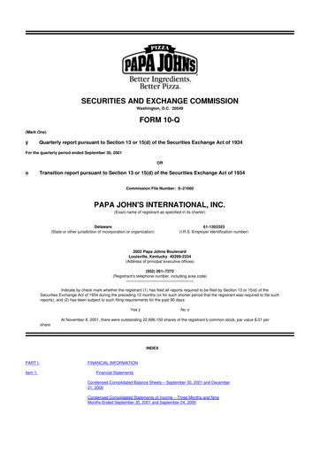 Miniature Papa John's Pizza
 10-Q Rapport trimestriel  