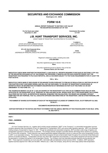Miniature J. B. Hunt
 10-K Rapport annuel 2001