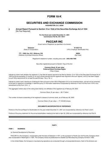 Thumbnail Paccar 10-K Annual Report 2001