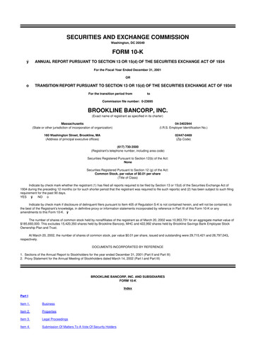 Thumbnail Brookline Bancorp 10-K Annual Report 2001