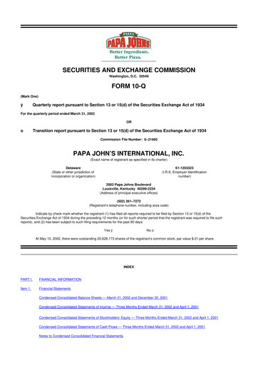 Miniature Papa John's Pizza
 10-Q Rapport trimestriel  