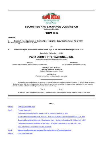 Miniature Papa John's Pizza
 10-Q Rapport trimestriel  