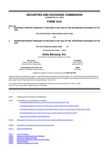 Thumbnail Unity Bancorp 10-Q Quarterly Report FY 