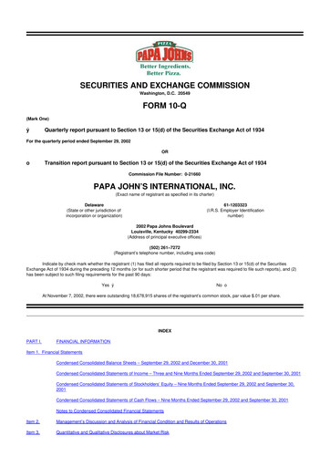 Miniature Papa John's Pizza
 10-Q Rapport trimestriel  