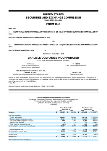 Thumbnail Carlisle Companies
 10-Q Quarterly Report FY 