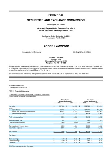 Thumbnail Tennant Company
 10-Q Quarterly Report FY 