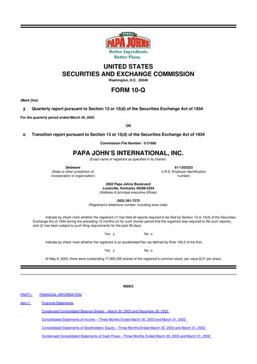 Miniature Papa John's Pizza
 10-Q Rapport trimestriel  